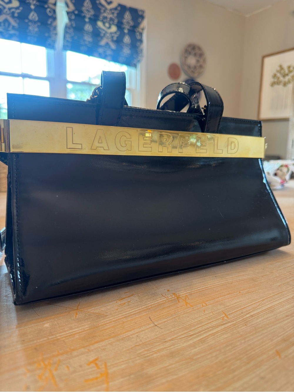 Vintage Karl Lagerfeld Black Patent Mini Tote with Gold Logo Bar